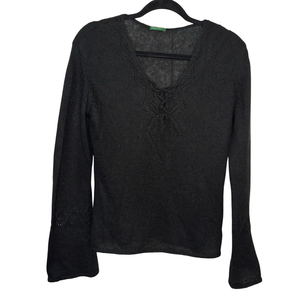 United Colors of Benetton Black Mohair Blend Lace‎ Up Bell Sleeve Sweater Top